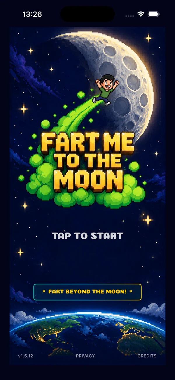 Schermata iniziale di Fart Me To The Moon — personaggio pixel-art che decolla su una nuvola di scoregge