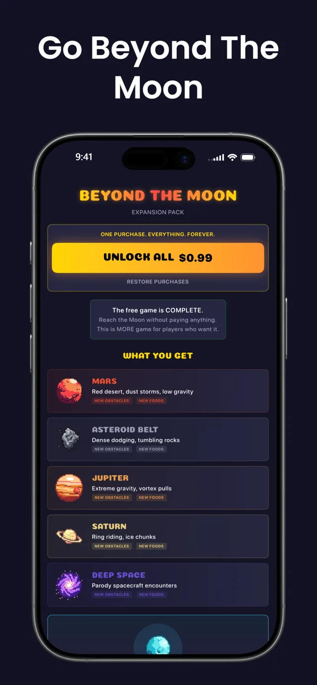 Go Beyond The Moon — the planet list with Mars, the Asteroid Belt, Jupiter, Saturn, and Deep Space