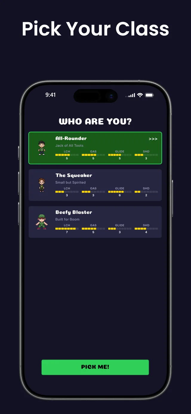 Pick Your Class — choosing between All-Rounder, The Squeaker, and Beefy Blaster