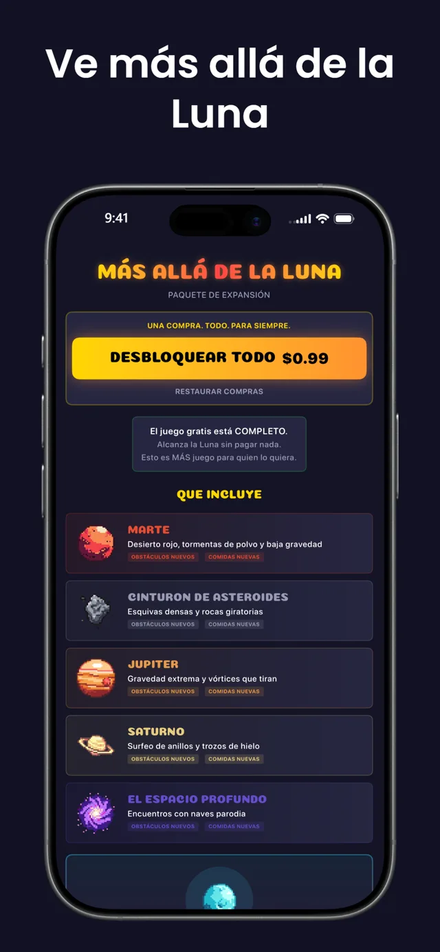 Ve más allá de la Luna — la pantalla de la expansión con Marte, el Cinturón de Asteroides, Júpiter, Saturno y el Espacio Profundo