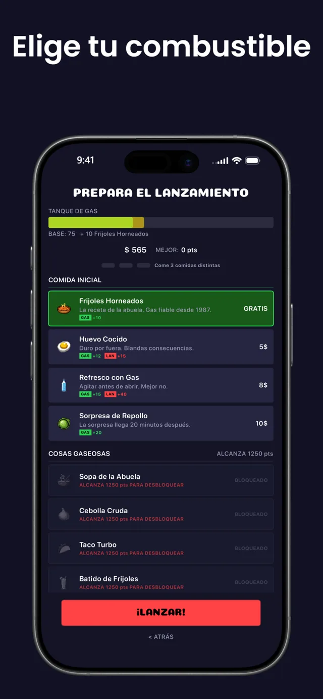 Elige tu combustible — la pantalla de preparación con alubias, huevo cocido, refresco con gas y sorpresa de col
