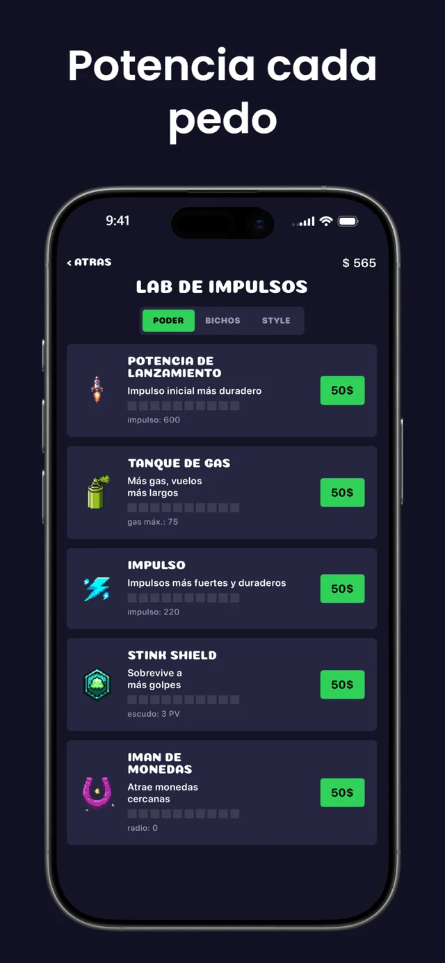 Potencia cada pedo — el Boost Lab con las mejoras Potencia de Despegue, Depósito de Gas, Boost, Escudo Apestoso e Imán de Monedas