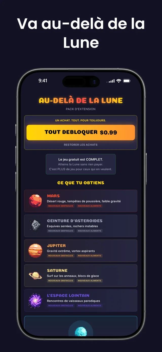 Va au-delà de la Lune — l'écran de l'extension avec Mars, la ceinture d'astéroïdes, Jupiter, Saturne et l'espace lointain