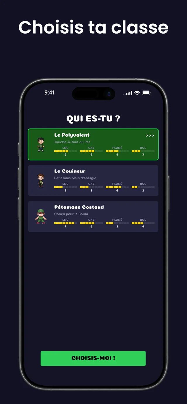 Choisis ta classe — le choix entre All-Rounder, The Squeaker et Beefy Blaster