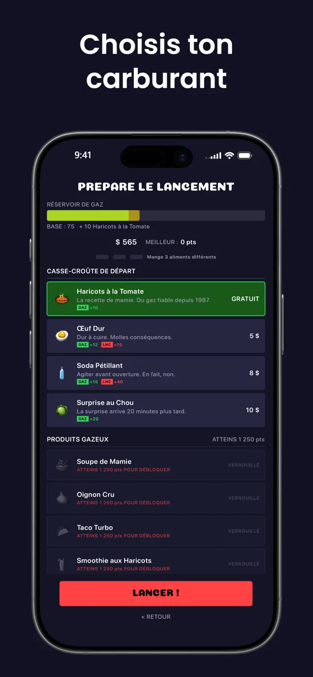 Choisis ton carburant — l'écran de préparation au lancement avec haricots, œuf dur, soda et surprise au chou