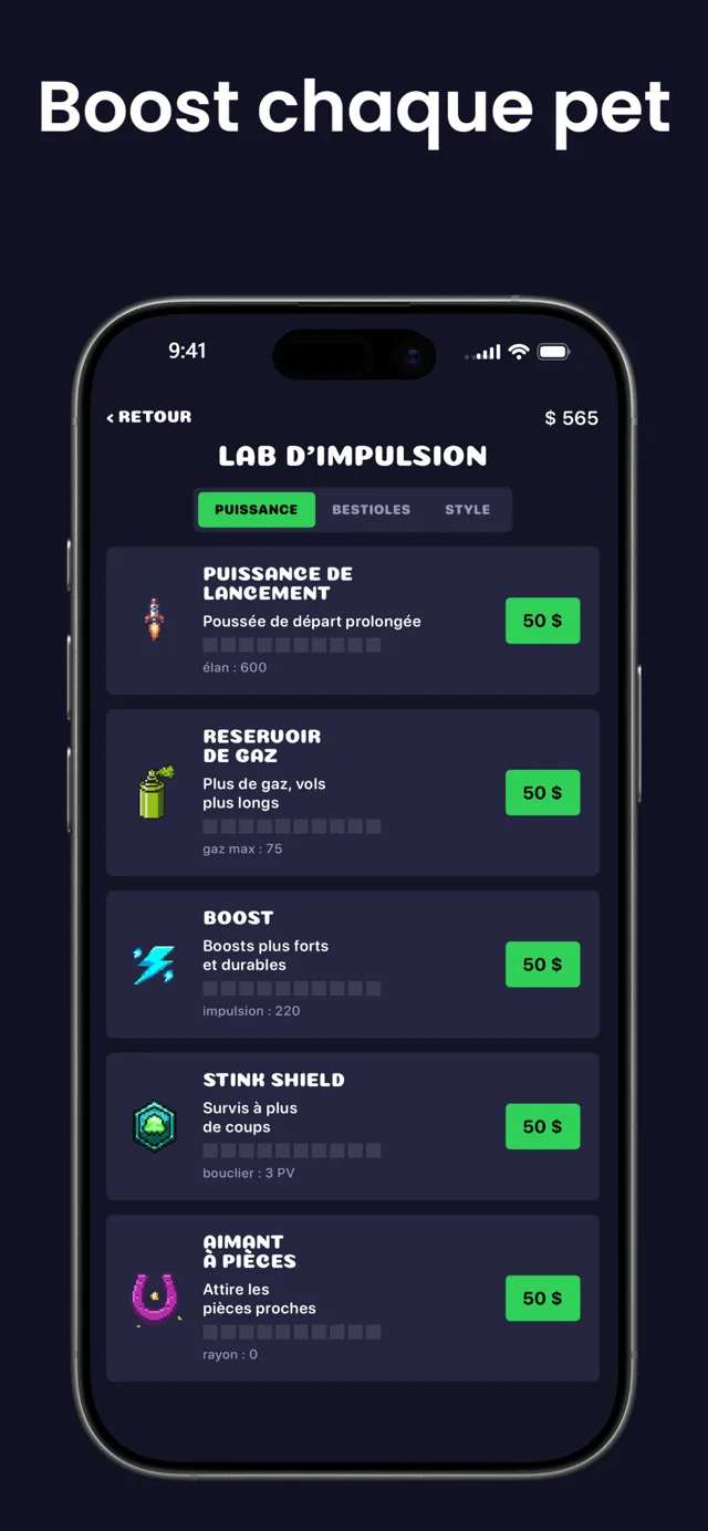 Booste chaque pet — le Boost Lab avec les améliorations Puissance de Lancement, Réservoir de Gaz, Boost, Bouclier Puant et Aimant à Pièces