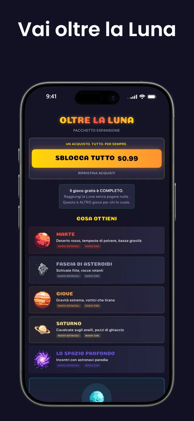 Vai oltre la Luna — la schermata dell'espansione con Marte, la Fascia degli Asteroidi, Giove, Saturno e lo Spazio Profondo