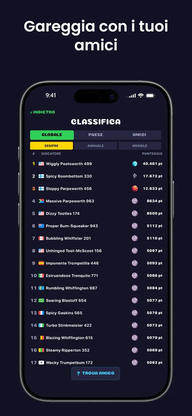 Sfida i tuoi amici — la classifica globale piena di nickname assurdi generati automaticamente