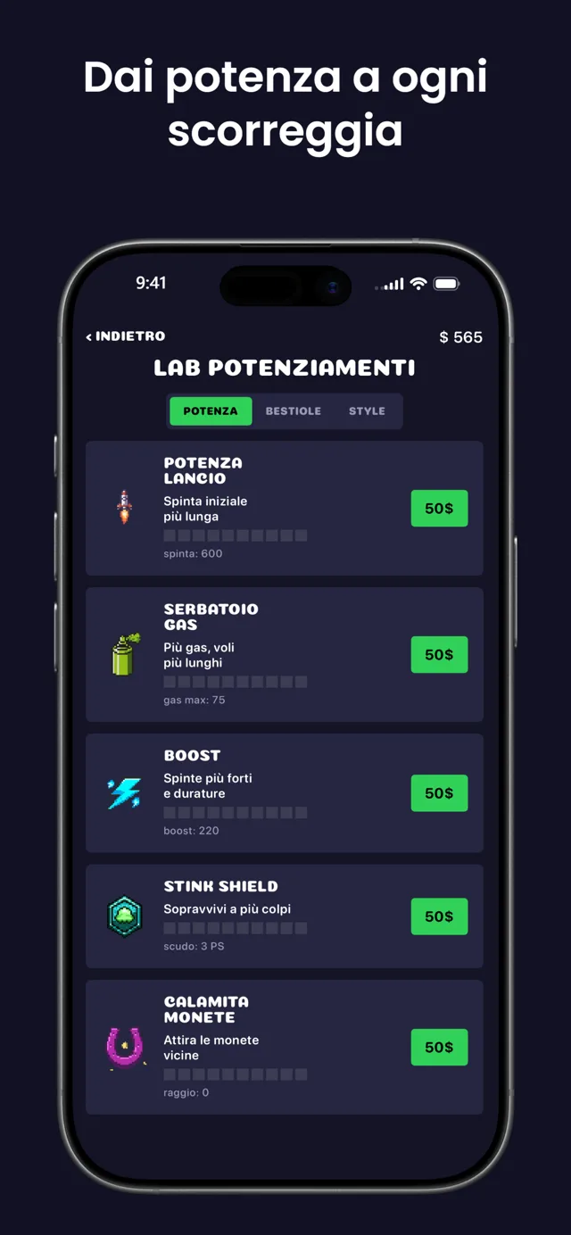 Potenzia ogni scoreggia — il Boost Lab con i potenziamenti Potenza di Lancio, Serbatoio del Gas, Boost, Scudo Antipuzza e Calamita per Monete